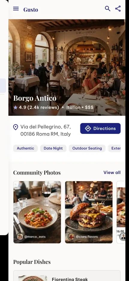 Gusto restaurant details screen with menu and info