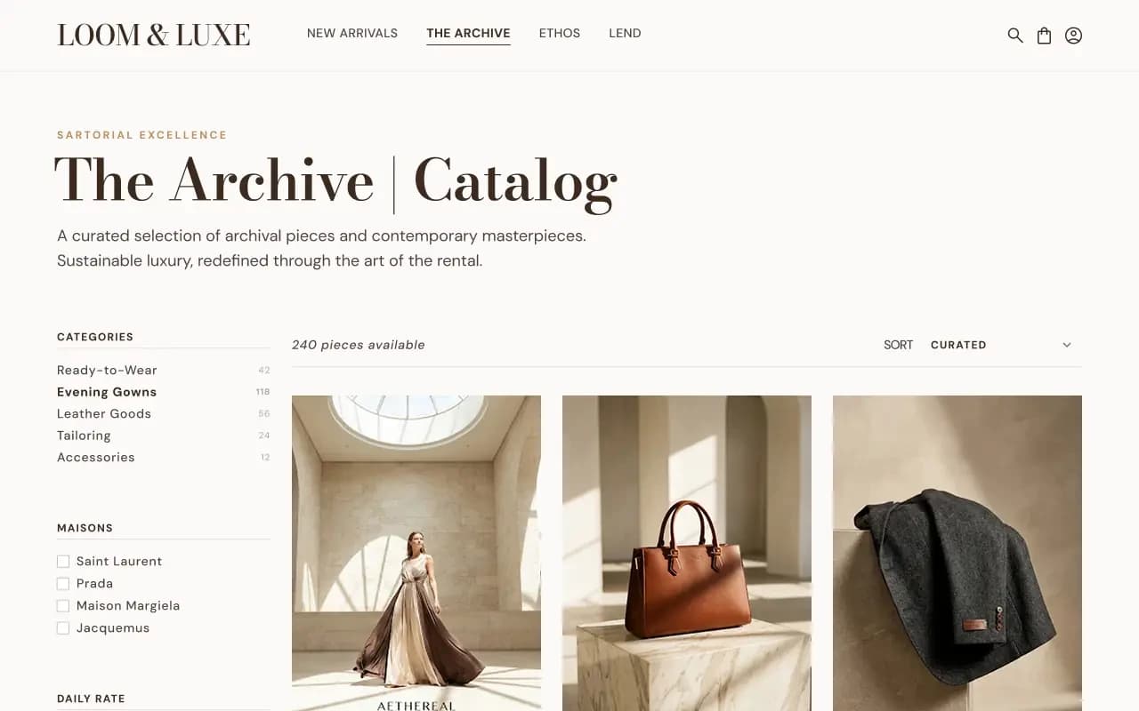 Loom and Luxe product catalog of designer dresses for rent