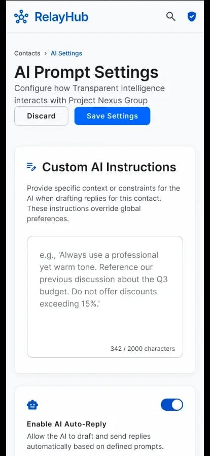 RelayHub AI prompt settings for targeted automated replies