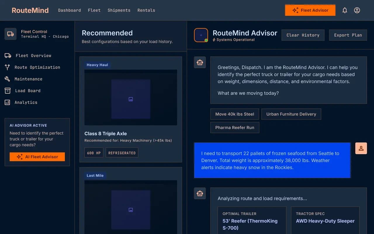 RouteMind AI Fleet Advisor recommending logistics actions